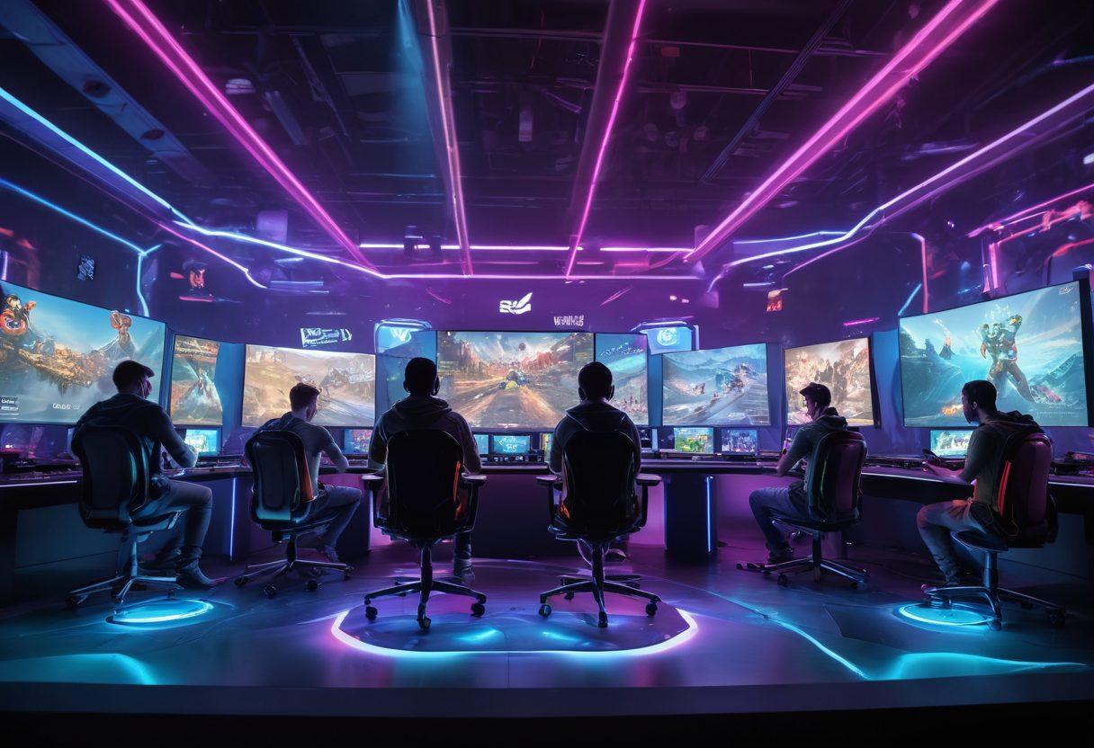 A dynamic scene of diverse gamers in various gaming environments, showcasing vibrant characters leveling up, surrounded by floating game icons representing skills and strategies. In the background, a glowing leaderboard and an array of consoles and gaming gear convey a sense of community and competition. The atmosphere is energetic and engaging. 3D. vibrant colors. action-packed.