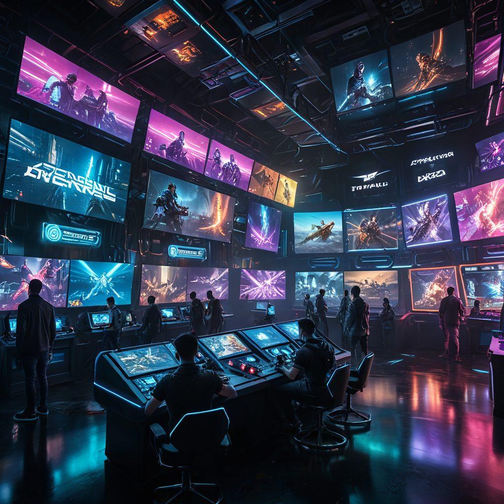A vibrant, futuristic gaming landscape showcasing various game genres including RPG, FPS, and eSports arenas. Include dynamic characters in action and holographic displays of game stats. The scene should have an otherworldly atmosphere with neon lights and interactivity suggested through floating game controllers. Capture the excitement and diversity of the gaming universe. cyberpunk. vibrant colors. 3D.