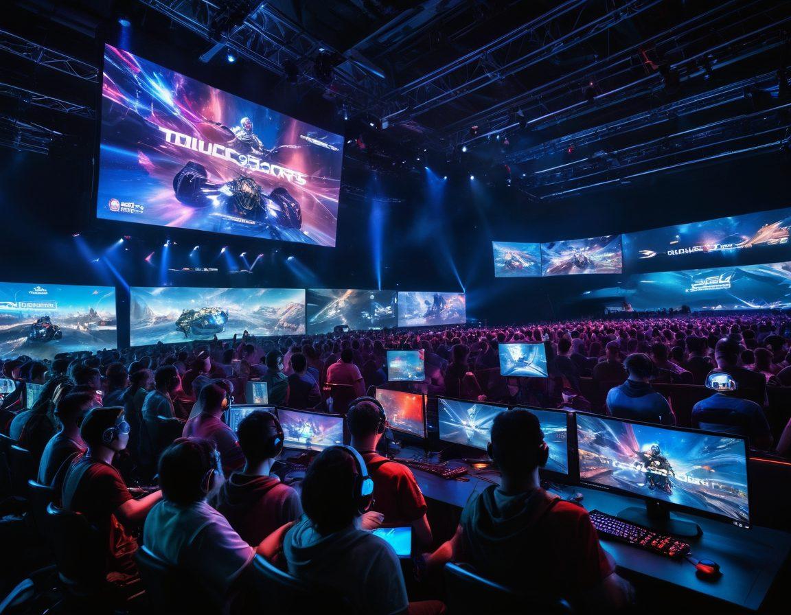 An electrifying scene of gamers competing in a vibrant eSports arena, showcasing intense action on large screens. Include diverse players with headsets, futuristic lighting, and enthusiastic fans cheering. Highlight a digital scoreboard showing upcoming tournaments and news flashes. Capture the essence of excitement and competition in the eSports world. super-realistic. vibrant colors. dynamic composition.